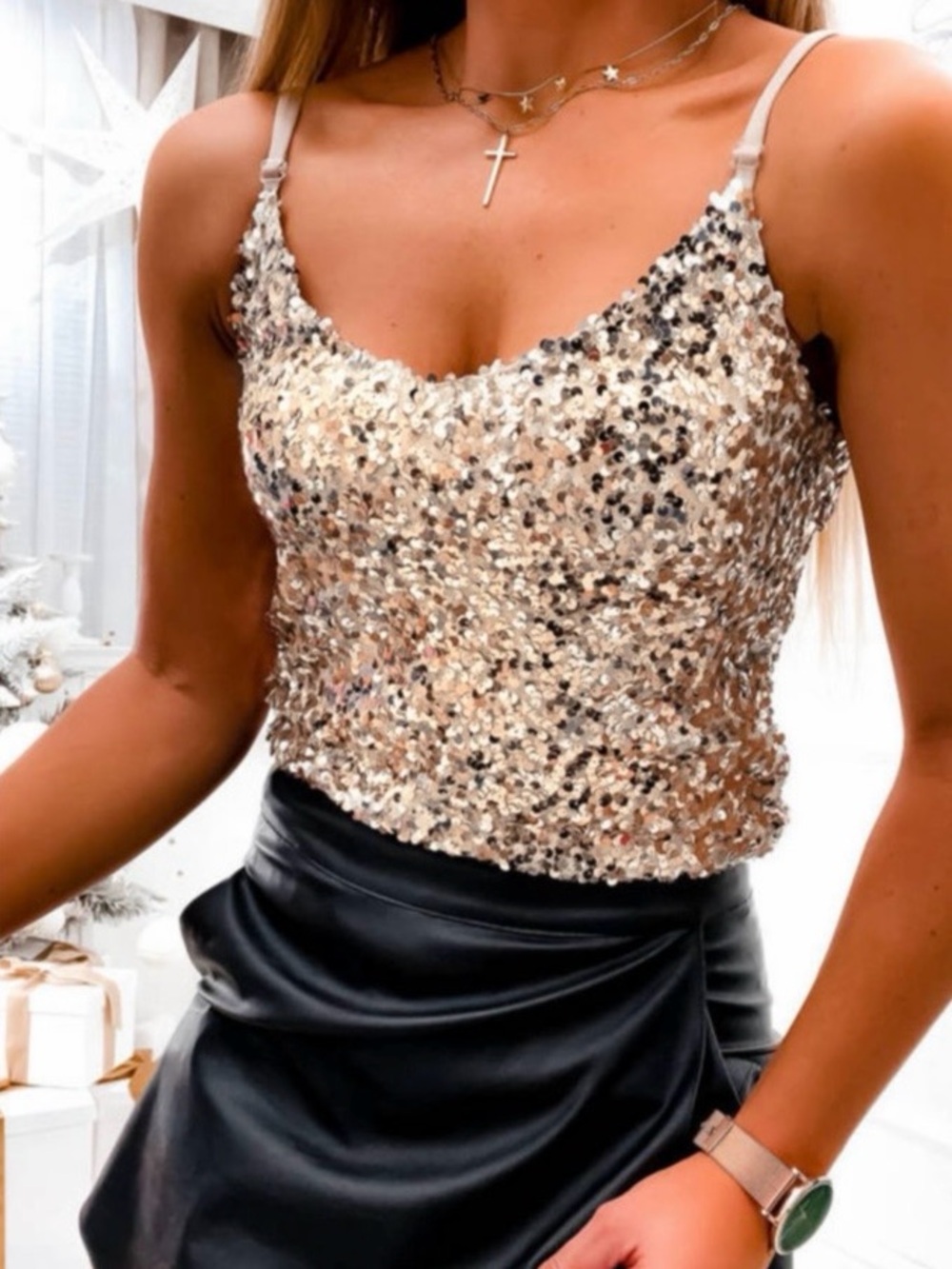 NEW Women’s Rose Gold Sequin V-Neck Cami Tank Top Size L